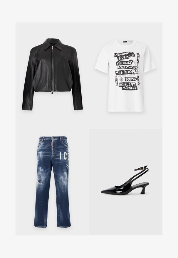 Sort læderjakke med lange ærmer, spids krave og sølvfarvet lynlås foran på en ens hvid baggrund.; Hvid kortærmet t-shirt med sorte blokbogstaver med sætninger som "Romance & Poems," "Love Concert," "The Kooples" og "Brillant Madness."; Mørkeblå denimjeans med slidte lapper, lyse malingspletter og fed hvid tekst. Straight leg design med en klassisk pasform.; Sorte patenterede læderslingbacks med spidse tæer, lav blokhælt og justerbar ankelrem med guldspænde.