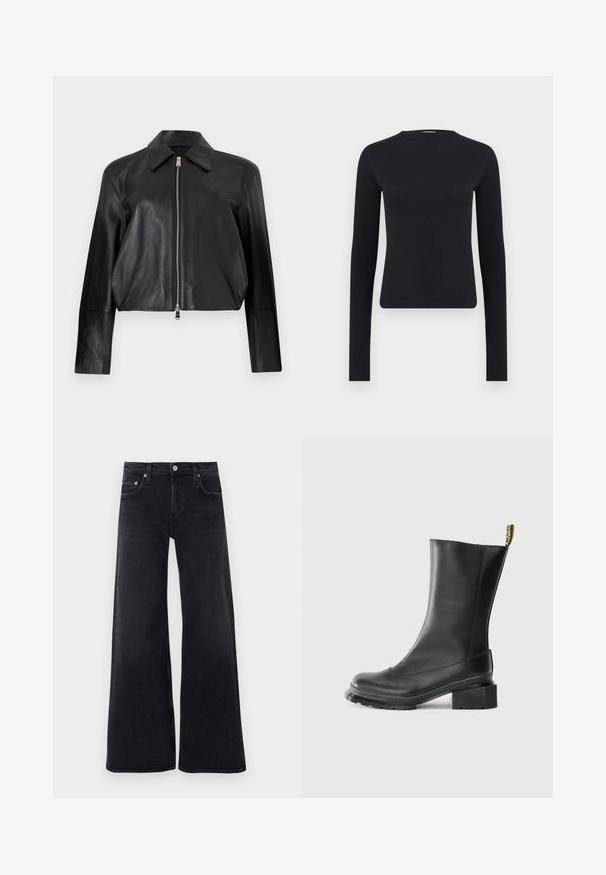 Veste en cuir noire à manches longues, col pointu et fermeture éclair frontale argentée sur fond blanc uni.; Haut court noir à manches longues et coupe ajustée avec encolure ronde, fabriqué en tissu tricoté côtelé, présenté sur un fond gris clair uni.; Jean noir taille haute à jambes larges avec bouton et fermeture éclair à l'avant, passants pour ceinture, et design classique à cinq poches.; Bottine en cuir noir à talon carré, texture lisse, bout rond et boucle de talon avec un marquage jaune.