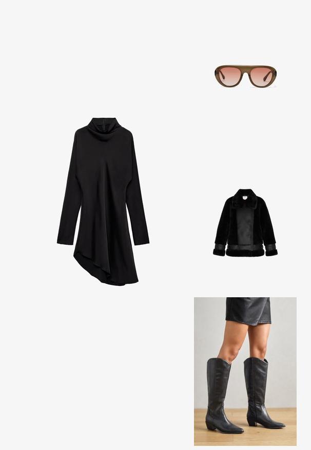 Sort faux fur- og læderjakke med bred krave, asymmetrisk frontlynlås og spænde detaljer på ærmerne og forneden.; Sort langærmet asymmetrisk kjole med høj krave og lynlås i siden, der hænger længere på den ene side.; Sorte knæhøje støvler lavet af glat læder, med spidse tæer, lav blokhæle og lynlås i siden for nem påtagning.; Brune, gennemsigtige aviator-solbriller med gradient rosa linser, vist mod en hvid baggrund.