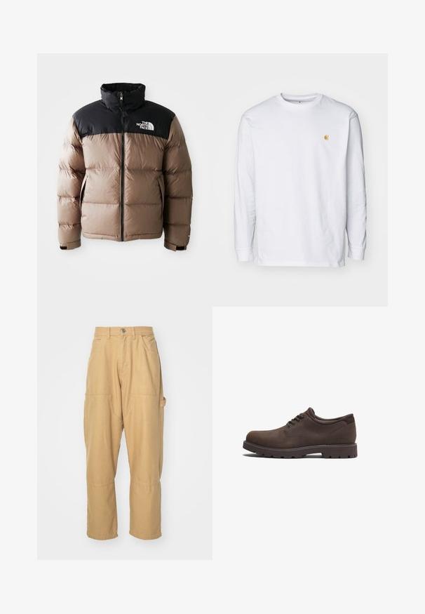 Chaqueta de plumas con una parte superior negra y una parte inferior marrón claro, que cuenta con un cierre frontal, bolsillos laterales y un logo en el pecho.; Camiseta de manga larga blanca de algodón. Cuenta con un pequeño logo dorado en el pecho y un cuello redondo. Diseño simple y corte estándar.; Pantalones cargo beige hechos de una mezcla de algodón. Presentan múltiples bolsillos, piernas rectas y un cierre de botón en la cintura.; Zapatos de cuero marrón con puntera redondeada y diseño de cordones. Presentan una superficie texturizada y una suela de goma de alta tracción. Logo sutil en el lado.