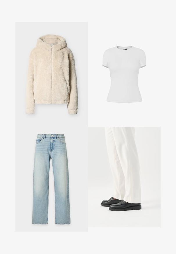 Flødefarvet, blød hættejakke med lynlås foran og lange ærmer, vist på en ensfarvet lysgrå baggrund.; Plain hvid tætsiddende T-shirt med korte ærmer og rund hals, vist på en hvid baggrund.; Lyseblå high-waist straight-leg jeans med knap- og lynlås-lukning, for- og baglommer på en neutral baggrund.; Person iført hvide skræddersyede bukser og sorte læder loafers stående på hvid baggrund.