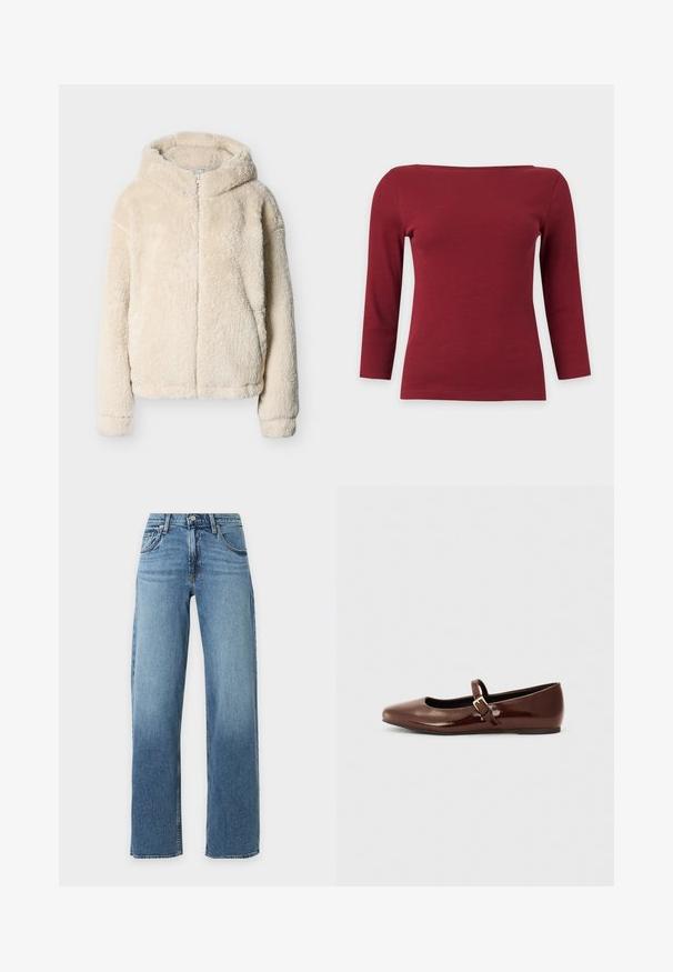 Chaqueta con capucha de color crema con textura suave, cremallera delantera y mangas largas, presentada sobre un fondo liso de color gris claro.; Top liso rojo oscuro acanalado de manga larga con un escote barco ancho y una silueta ajustada sobre un fondo gris claro.; Vaqueros azules de tiro alto con pierna recta, bolsillos delanteros, trabillas para cinturón y cierre con botón y cremallera.; Bailarina de charol marrón con punta cuadrada y tira que presenta una pequeña hebilla dorada. Textura suave, tacón bajo y diseño minimalista.