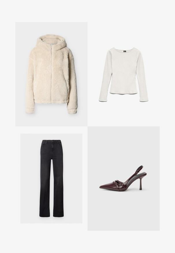 Veste à capuche duveteuse de couleur crème avec fermeture éclair à l'avant et manches longues, présentée sur un fond gris clair uni.; Top blanc à manches longues côtelé avec un col rond, une silhouette ajustée et un léger évasement à l'ourlet, présenté sur un fond blanc.; Jean en denim noir à jambes droites avec une taille haute, un design à cinq poches et des coutures visibles. Texture lisse avec une finition légèrement délavée.; Escarpin slingback en cuir verni bordeaux avec bout pointu, fine bride à la cheville et petit détail décoratif de boucle. Texture lisse et talon haut.
