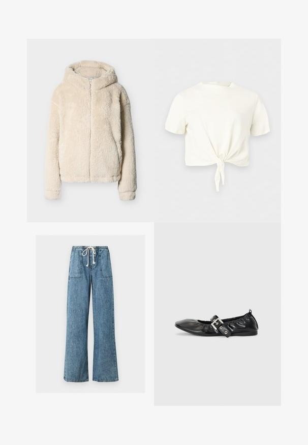 Roomkleurig, harig gewatteerd jack met capuchon, voorzien van een rits aan de voorkant en lange mouwen, afgebeeld op een effen lichtgrijze achtergrond.; Wit crop top met korte mouwen, ronde hals en een knoopdetail aan de voorkant, tegen een effen lichte achtergrond.; Lichtblauwe wijde denimbroek met elastische tailleband en witte trekkoord, met grote voorzakken.; Zwarte leren platte schoen met een spitse neus, geplooide details rond de opening en een zilveren gespaccentueerde verstelbare band.