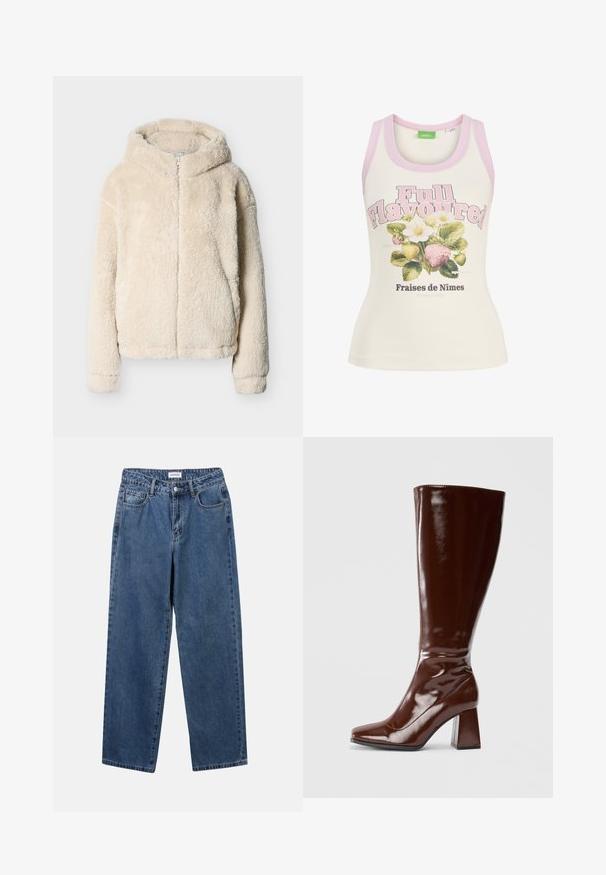 Cremefarbene, flauschige Kapuzenjacke mit Frontreißverschluss und langen Ärmeln, dargestellt vor einem schlichten hellgrauen Hintergrund.; Cremefarbenes Tanktop mit pinkem Besatz, dem Schriftzug „Full Flavoured“ und einer Illustration von Erdbeeren und weißen Blumen mit französischem Text darunter.; Klassische blaue Denim-Jeans mit geradem Bein, fünf Taschen und Knopfverschluss. Sie verfügen über eine mittelblau gewaschene Optik und sind aus robuster Textur.; Knöchelhohe braune Lacklederstiefel mit quadratischer Spitze, glänzender Oberfläche und stabilen Blockabsätzen. Nahtloses Design ohne sichtbare Beschläge.