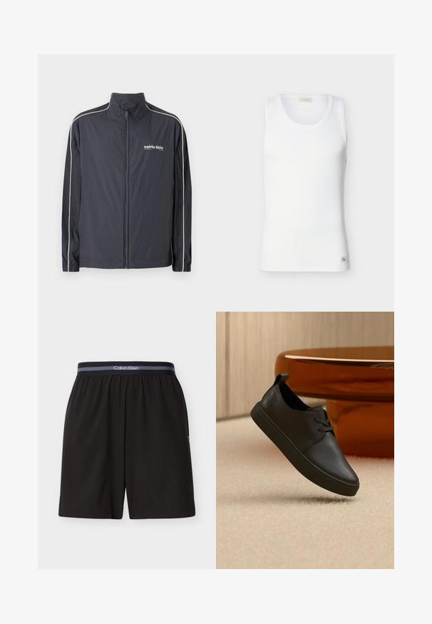 Calvin Klein Jeans Veste légère - ebony; Débardeur blanc à côtes sans manches avec encolure ronde et petite étiquette logo Calvin Klein près de l'ourlet sur fond uni.; Shorts noirs Calvin Klein pour hommes avec taille élastique et bande de marque, longueur au genou, design uni, présentés à plat sur fond blanc.; Baskets décontractées en cuir noir avec lacets, flottant au-dessus d'un tapis beige, avec une table en verre ambré arrondie en arrière-plan.