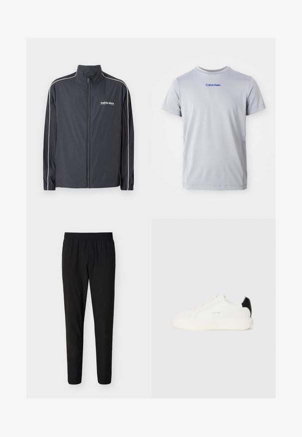 Calvin Klein Jeans Lichte jas - ebony; Lichtgrijs T-shirt met korte mouwen, gemaakt van een gestructureerde stof, met een blauwe "Calvin Klein" logo over de borst. Ronde halslijn, regular fit.; Zwarte slim-fit broek met elastische tailleband, rechte pijpen en zonder zichtbare zakken of versieringen.; Witte leren sneaker met een zwarte accent op de hak, met een ronde neus, platte veters en een dikke witte zool. Calvin Klein-logo weergegeven.