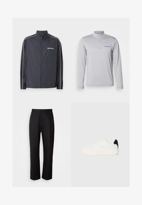 Calvin Klein Jeans Letná bunda - ebony; Dlhý rukáv, svetlosivý pulóver na zips s textúrovanou látkou. Na hrudi je modré logo Calvin Klein. Jednoduchý, atletický dizajn.; Čierne nohavice so širokým strihom, vyrobené z ľahkej tkaniny. Obsahujú predné zapínanie na gombík a dva bočné vrecká; hladká textúra.; Biele kožené tenisky s čiernym akcentom na päte, so zaoblenou špičkou, plochými šnúrkami a hrubou bielou podrážkou. Zobrazené logo Calvin Klein.