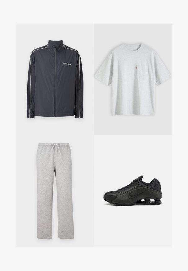 Calvin Klein Jeans Leichte Jacke - ebony; Hellgraues T-Shirt mit kurzen Ärmeln, Rundhalsausschnitt und einer kleinen Brusttasche auf der linken Seite mit rotem Etikett.; Graue Jogginghosen mit einem elastischen Bund und Kordelzug. Hergestellt aus weichem Stoff, zeichnen sie sich durch gerade Beine und ein dezentes Logodetail aus.; Schwarze Laufschuhe mit einem glatten synthetischen Obermaterial, durchbrochenen Akzenten, strukturierten Seitenpaneelen und einer ausgeprägten federnden Sohle.