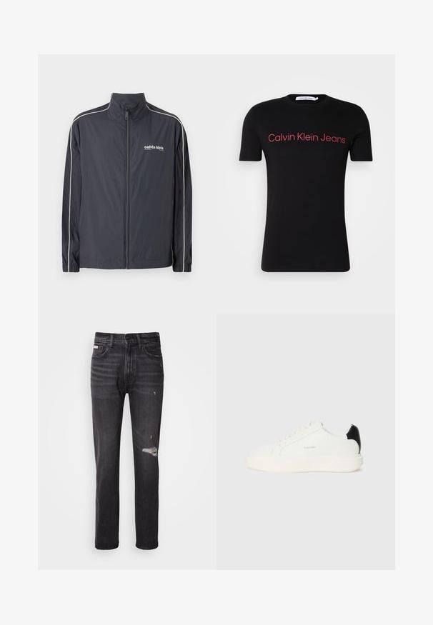 Calvin Klein Jeans Chaqueta fina - ebony; Camiseta negra de manga corta con cuello redondo con "Calvin Klein Jeans" impreso en rojo en el pecho.; Jeans de mezclilla negra con un diseño de pierna recta, detalles desgastados en la rodilla, estilo de cinco bolsillos y un sutil acabado deslavado.; Zapatilla de cuero blanca con un acento negro en el talón, presenta puntera redonda, cordones planos y una suela gruesa blanca. Logo de Calvin Klein visible.