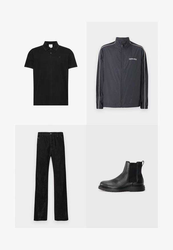 Calvin Klein Jeans Chaqueta fina - ebony; Camiseta tipo polo negra de manga corta con cuello, dos botones, sutil ribete en contraste en los bordes del cuello y pequeño logo "ck" en el pecho.; Pantalones de pana negros con un diseño de pierna recta, con cierre de botón, branding sutil y dos bolsillos frontales. Textura suave y color sólido.; Botas Chelsea de cuero negro con acabado texturizado, paneles laterales elásticos y una suela de goma resistente. Marca sutil en el talón.