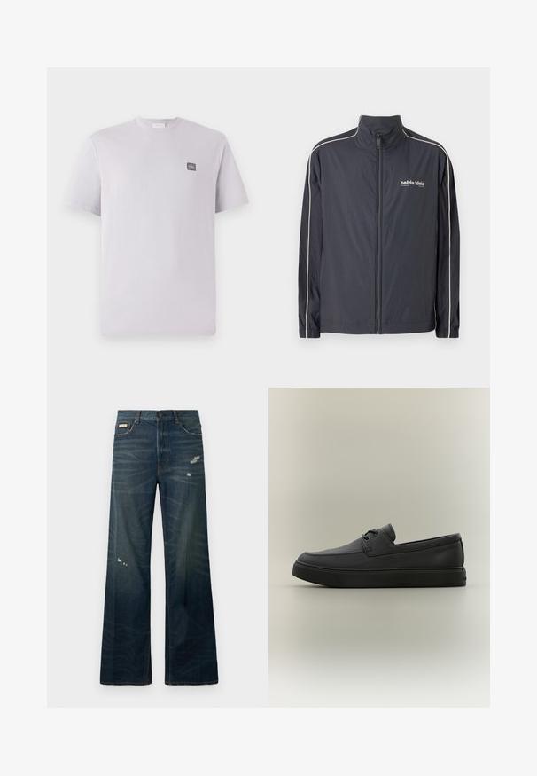 Calvin Klein Jeans Leichte Jacke - ebony; Hellblau-lilafarbenes T-Shirt mit kurzen Ärmeln aus Baumwolle, Rundhalsausschnitt und einem kleinen dunklen Logo-Patch auf der linken Brust. Glatte Textur.; Weite Bein, dunkle Jeans aus Denim mit leichter Ausbleichung und beschädigten Stellen. Verfügt über einen Knopfverschluss und ein klassisches fünf Taschen-Design.; Schwarzer lässiger Lederloafer mit Schnürdetails und dicker Gummisohle, seitlich auf neutralem Hintergrund dargestellt.