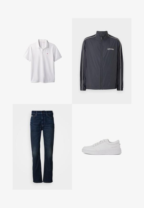 Calvin Klein Jeans Lichte jas - ebony; Witte poloshirt met korte mouwen, kraag en klein rood "cK" logo op de linkerborst.; Donkerblauwe denim jeans met een recht model, voorzien van subtiele vervaging, een knoopsluiting en traditionele vijfzakkenstijl.; Witte leren sneakers met een klassiek low-top ontwerp, platte zool en subtiele merklogo op de hiel. Voorzien van vijf metalen oogjes voor veters.