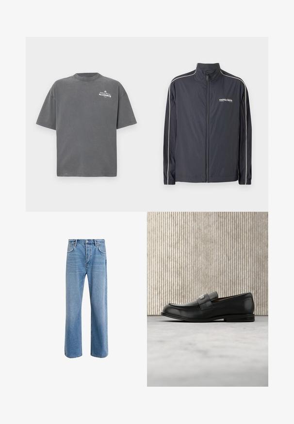 Calvin Klein Jeans Letná bunda - ebony; Tmavosivé tričko s krátkym rukávom a okrúhlym výstrihom s malým bielym logom "ALLSAINTS" na ľavej hornej časti hrudníka.; Svetlo modré denimové džínsy so strihom rovného nohu, päť vreciek, zapínanie na gombík, minimálne vyblednutie a kontrastné švy.; Čierny kožený loafer s kovovou značkovou platničkou ležiaci pri hnedom okrúhlom stole na béžovej koberci.