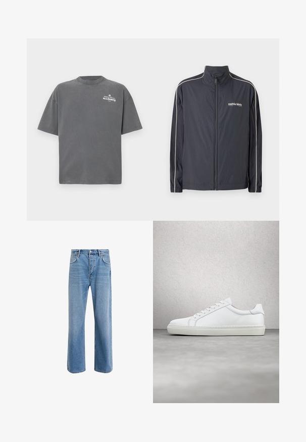 Calvin Klein Jeans Letná bunda - ebony; Tmavosivé tričko s krátkym rukávom a okrúhlym výstrihom s malým bielym logom "ALLSAINTS" na ľavej hornej časti hrudníka.; Svetlo modré denimové džínsy so strihom rovného nohu, päť vreciek, zapínanie na gombík, minimálne vyblednutie a kontrastné švy.; Biele tenisky s hladkým koženým zvrškom a nízkym profilom. Majú zaoblenú špičku, šesť očiek a štruktúrovanú gumovú podrážku.