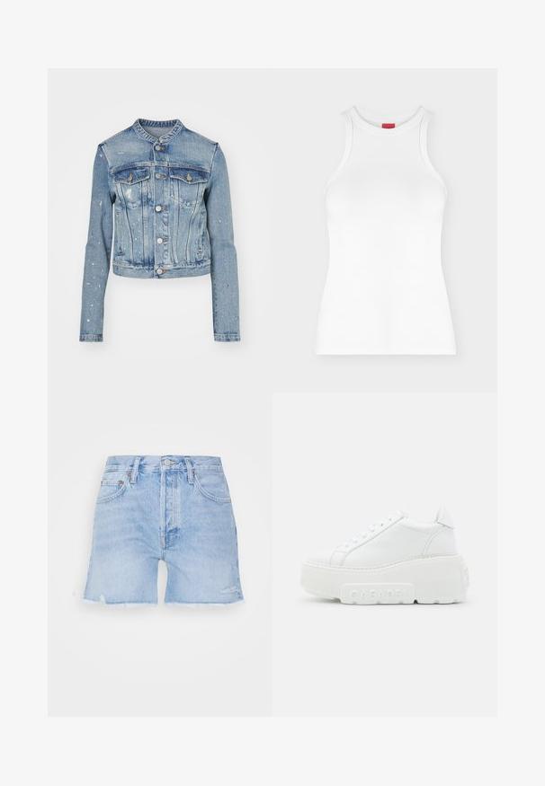 MM6 Maison Margiela SPORTSJACKET - Τζιν μπουφάν - light blue; Λευκή αμάνικη ριμπ ζαρτιέρα με υψηλό στρογγυλό λαιμό και εφαρμοστή γραμμή που εμφανίζεται σε απλό ανοιχτό φόντο.; Τζιν σορτσάκια σε ανοιχτό μπλε χρώμα με φθαρμένη τελείωση. Διαθέτουν κλασικό σχέδιο με πέντε τσέπες, κλείσιμο με κουμπί και ελαφριά φθορά στο ύφασμα.; Casadei SALEN - Αθλητικά παπούτσια - salento bianco