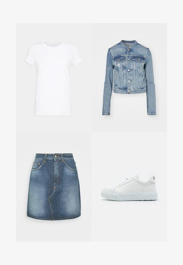 MM6 Maison Margiela SPORTSJACKET - Τζιν μπουφάν - light blue; Λευκό βαμβακερό t-shirt με κοντά μανίκια, στρογγυλή λαιμόκοψη και άνετη εφαρμογή. Λείος υφασμάτινος ιστός χωρίς ορατά σχέδια ή διακοσμητικά στοιχεία.; Dondup GONNA - Τζιν φούστα - blue; Λευκά δερμάτινα σνίκερς με στρογγυλή μύτη, ανθεκτική λευκή σόλα και ανάγλυφες λεπτομέρειες στη σόλα. Διαθέτουν ένα διακριτικό λογότυπο στη φτέρνα.