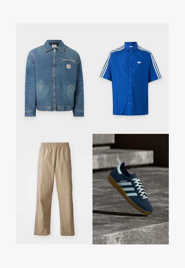 Modrá rifľová bunda so zipsom vpredu, dvoma šikmými spodnými vreckami, vreckom na zips na hrudi a štvorcovou nášivkou s logom Carhartt na hrudi.; Modrá košeľa s krátkym rukávom a gombíkmi, na hrudi biely logo Adidas a tri biele pásy vedúce pozdĺž ramien a rukávov.; Béžové ľahké nohavice s elastickým pásom, rovnými nohavicami a bočnými vreckami. Hladká textúra s jemnými švami.; Modré tenisky Adidas Spezial s bielymi pruhmi a šnúrkami, gumovou podrážkou, plávajúce nad drsným betónovým povrchom a schodmi v pozadí.