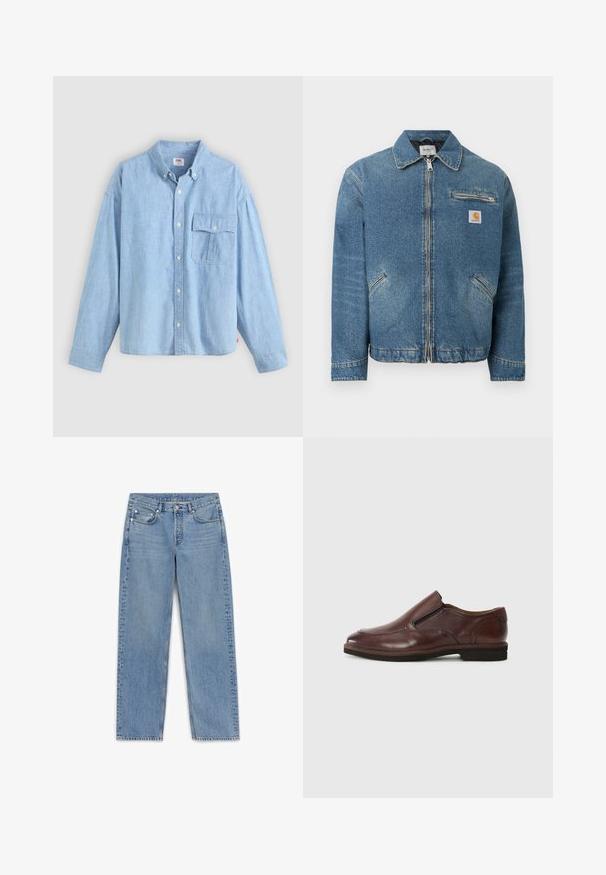 Blaue Jeansjacke mit durchgehendem Reißverschluss, zwei schräg angeordneten unteren Taschen, einer Reißverschlusstasche auf der Brust und einem quadratischen Carhartt-Logopatch auf der Brust.; Himmelblaues Hemd mit Knopfverschluss aus Chambray-Stoff. Verfügt über einen Kragen, lange Ärmel und eine Brusttasche mit Klappe und Knopf.; Hellblaue Denim-Jeans mit geradem Schnitt, fünf Taschen und subtilen Auswaschungen. Sie verfügen über einen Knopfverschluss und Nähdetails entlang der Nähte.; Braune Leder-Slipper mit runder Zehenpartie, elastischen seitlichen Akzenten und einer niedrigen Gummisohle. Verfügt über dezente Steppnähte entlang des Randes.
