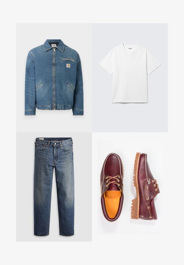 Blaue Jeansjacke mit durchgehendem Reißverschluss, zwei schräg angeordneten unteren Taschen, einer Reißverschlusstasche auf der Brust und einem quadratischen Carhartt-Logopatch auf der Brust.; Weißes T-Shirt mit kurzen Ärmeln und Rundhalsausschnitt, flach liegend, schlichtes Design, mit „WEEKDAY“-Etikett innen im Kragen auf hellem Hintergrund.; Dunkelblaue Jeans aus Denim mit lockerem Sitz, geraden Beinen, Fünf-Taschen-Design und dezentem Used-Look an den Oberschenkeln. Silberner Knopf und Nieten.; Bordeauxfarbene Lederschuhe mit braunen Gummisohlen, runder Zehenform, weißen Nähten und goldenen Ösen. Das Innenfutter weist eine gelbe Beschichtung auf.