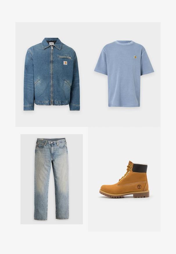 Modrá rifľová bunda so zipsom vpredu, dvoma šikmými spodnými vreckami, vreckom na zips na hrudi a štvorcovou nášivkou s logom Carhartt na hrudi.; Svetlomodré tričko s krátkym rukávom s textúrovaným rebrovaným vzorom a vyšívanou nášivkou s logom na ľavej strane hrudníka. Okrúhly výstrih.; Svetlomodré džínsy s rovnou nohou, päť vrecúškový strih a viditeľné švy. Oblečenie s bledým praním a mosadznými detailmi.; Hnedé kožené ankle boot s kovovými očkami, bielym kožúškom vo vnútri, čiernym vypolstrovaným golierom, robustnou podrážkou a vyrazeným logom na boku.