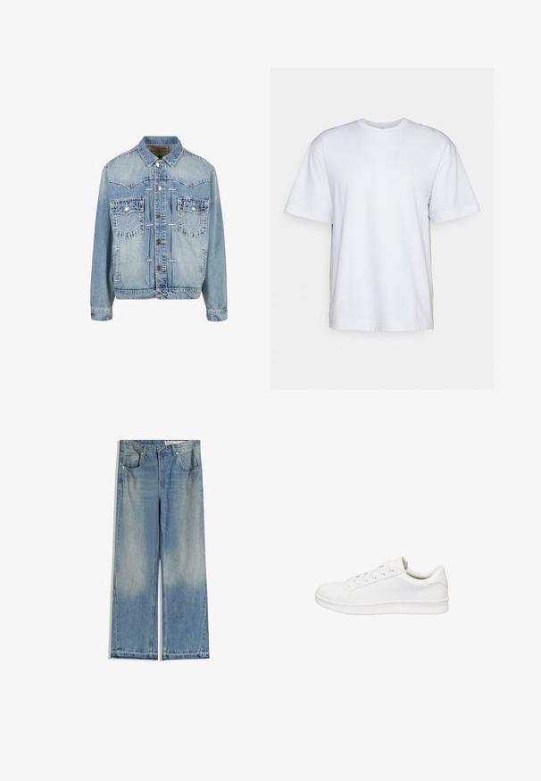 Veste en denim bleu clair avec façade à boutons, deux poches poitrine avec rabat et bouton, détails cousus et col classique.; Filippa K HEAVY CREW NECK TEE - T-shirt basique - white; Jean large en denim bleu clair avec un délavage, comportant deux poches avant, une fermeture par bouton et une coupe droite avec des ourlets nets.; Basket basse blanche avec fermeture à lacets, tige en cuir lisse, col rembourré et semelle épaisse en caoutchouc, présentée de profil sur fond blanc.