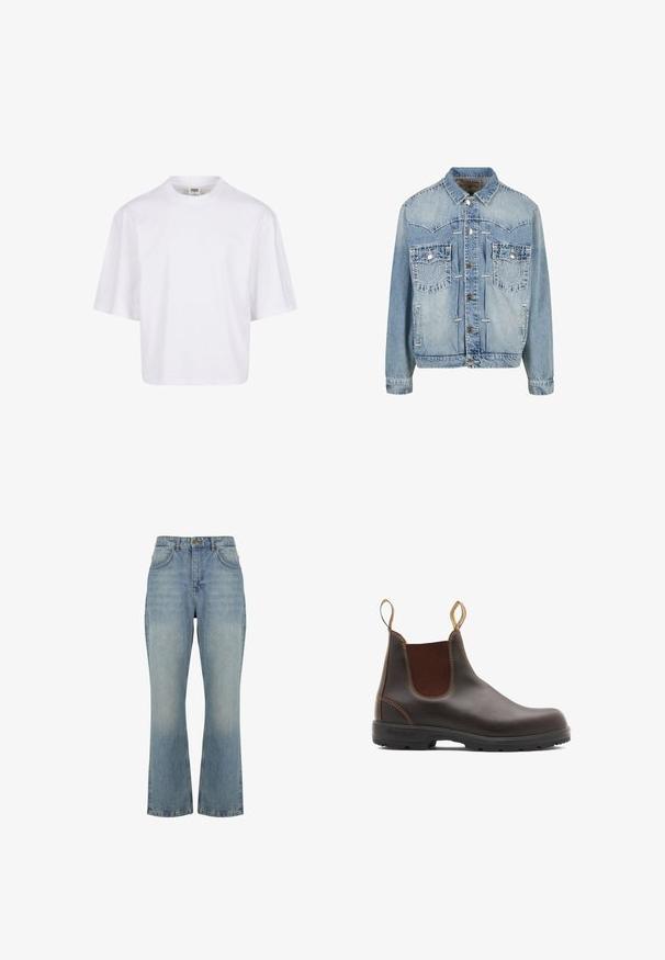 Chaqueta de mezclilla azul claro con cierre de botones, dos bolsillos en el pecho con solapa y botón, detalles de costura y cuello clásico.; Camiseta blanca de manga corta con cuello redondo y corte relajado, fabricada en una suave mezcla de algodón. Sin patrones ni adornos.; Vaqueros de denim azul claro de talle alto, corte recto, cierre frontal con botones, trabillas para cinturón y dos bolsillos delanteros.; Botas Chelsea de cuero marrón con paneles laterales elásticos y tiradores. Parte superior texturizada, suela de goma duradera y detalle de costura en contraste.