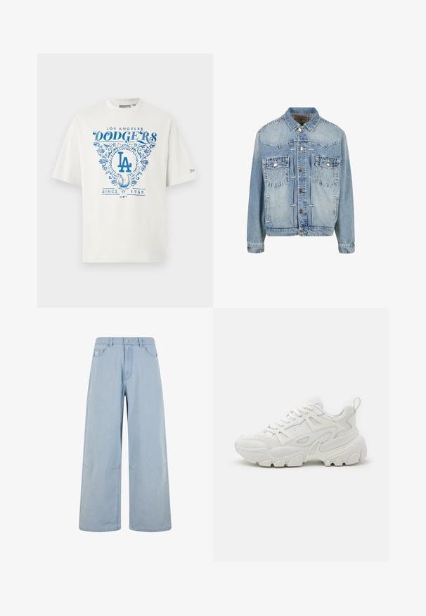 Chaqueta de mezclilla azul claro con cierre de botones, dos bolsillos en el pecho con solapa y botón, detalles de costura y cuello clásico.; Camiseta de algodón blanca con texto gráfico azul "LOS ANGELES DODGERS" y "SINCE 1958" con acentos florales y el logo "LA" en el centro.; Jeans de mezclilla de pierna ancha en un azul claro, con cintura alta, cierre de botones y bolsillos frontales. El diseño incluye detalles de costura sutiles.; Zapatillas deportivas blancas con un upper texturizado, paneles de malla, suela de goma prominente y recortes decorativos en los laterales.
