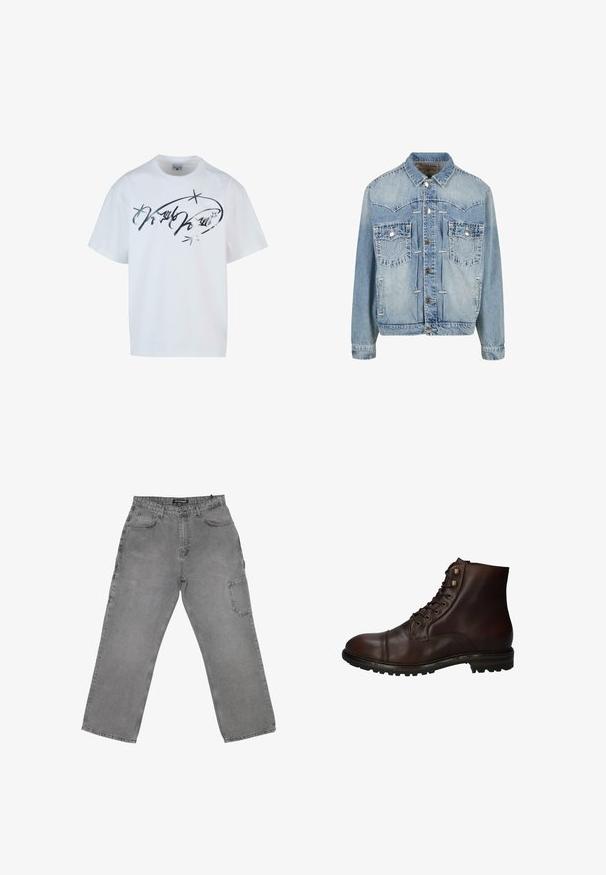 Lichtblauwe denimjas met knoopsluiting, twee borstzakken met klep en knoop, gestikte details en een klassieke kraag.; Witte katoenen t-shirt met een zilveren scriptprint en sterren. Losse pasvorm met korte mouwen en een ronde hals.; Grijze denim broeken met een ontspannen pasvorm, voorzien van een sluiting met een voorste knoop, meerdere zakken en een licht vervaagde textuur.; Donkergrote leren veterschoenen tot de enkels met een robuuste rubberen zool en metalen veters, gezien vanuit de buitenzijde.