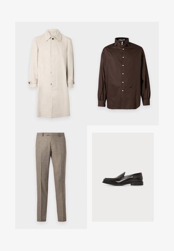 Beige trenchcoat gemaakt van soepel stof, met een klassieke kraag, knoopsluiting aan de voorkant en zijzakken. Lange mouwen met knoopmanchetten.; Bruine lange mouwen shirt van een gladde stof met een klassieke kraag, voor sluiting met knopen en elastische manchetten; heeft een subtiele logodetail.; Bruine wolblend broek met een rechte pijpdesign, voorzien van een subtiele textuur en kreuklijnen, afgewerkt met een klassieke tailleband.; Zwarte leren instaploafer met lage hak en gestikte details, zijlabel, op een effen witte achtergrond.