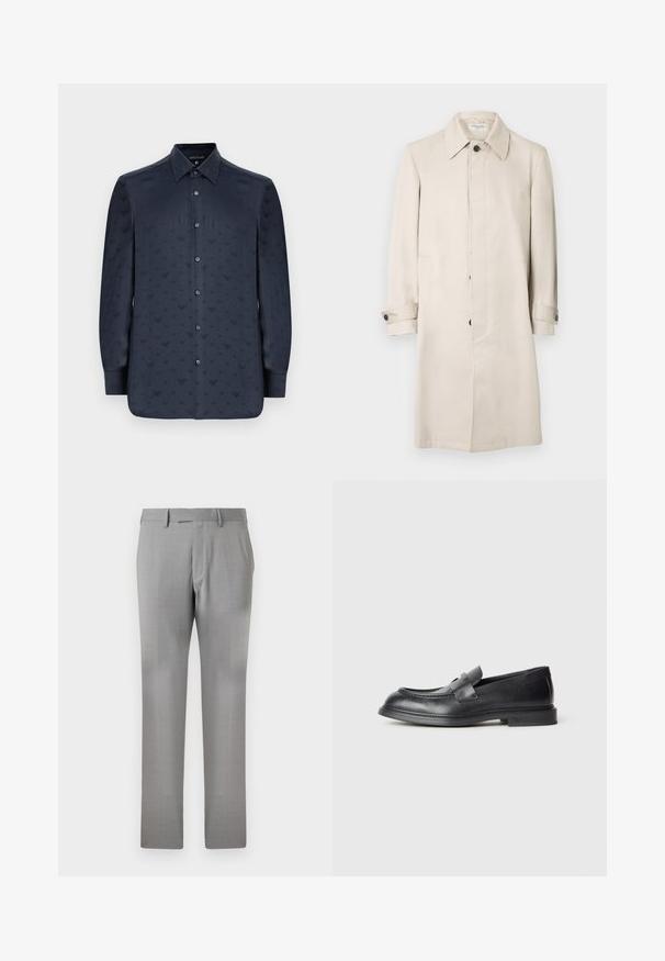 Beige trenchcoat gemaakt van soepel stof, met een klassieke kraag, knoopsluiting aan de voorkant en zijzakken. Lange mouwen met knoopmanchetten.; Marineblauwe overhemd met lange mouwen, met een geweven patroon van kleine V-vormen door het hele shirt, gemaakt van gladde stof.; Lichtgrijze formele herensbroek met riemlussen, voorzakken en een verborgen ritssluiting aan de voorkant.; Zwarte leren loafers met een gestructureerde afwerking, voorzien van een decoratieve voorstrik en een afgeronde neus. Rubberzool voor duurzaamheid.
