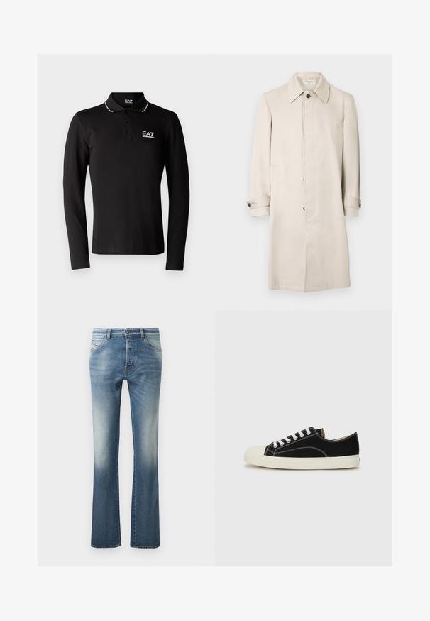 Beiger Trenchcoat aus glattem Stoff, mit klassischem Kragen, vorderem Knopfverschluss und Seitentaschen. Lange Ärmel mit geknöpften Manschetten.; Schwarzes langärmliges Polohemd aus Baumwolle. Mit einem Button-Down-Kragen, EA7-Logo auf der Brust und weißen Akzentnähten.; Hellblaue Jeans im Schlagstil mit einem Fünf-Taschen-Design, leichtem Verblassen an den Oberschenkeln und einem normalen Bund mit Gürtelschlaufen.; Schwarze Leinensneaker mit weißen Nähten, einer abgerundeten Gummikappe und weißen Schnürsenkeln. Verfügt über ein strukturiertes Obermaterial aus Stoff und eine beigefarbene Sohle.