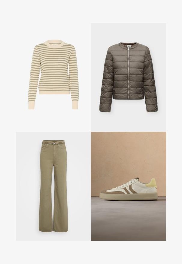 Lysebrun quiltet jakke med lange ærmer, rund krave og central sølv lynlås, vist på en ensfarvet hvid baggrund.; Stribet sweater i crème og olivengrøn med ribbet rund halsudskæring, lange ærmer og en tætsiddende kant. Blød strikket tekstur.; Højtaljede vide bukser i khaki med for- og baglommer, bæltestropper og en knap med lynlås lukning.; Hvid og tan sneakers med en gul hælkant, der har ruskind og glatte læderteksturer, flade snørebånd og en gummisål.