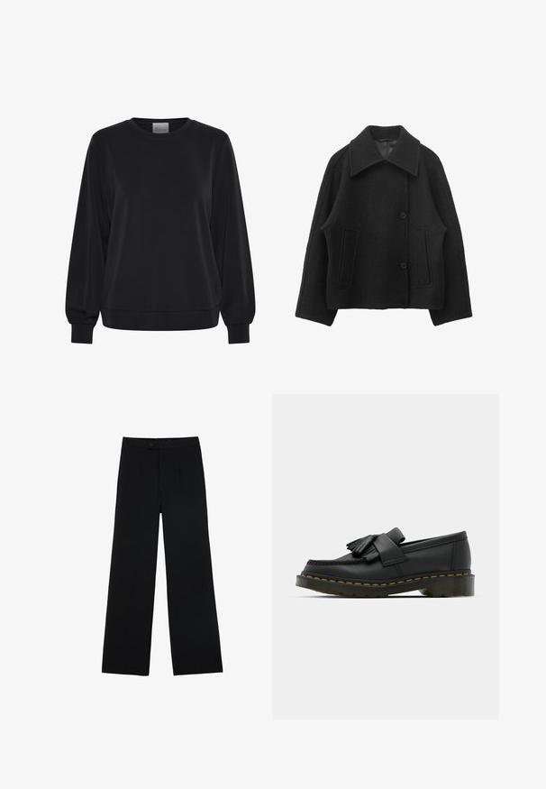 Veste courte en mélange de laine noire avec col large, manches longues, deux poches passepoilées à l'avant et fermeture par boutons.; Sweatshirt noir à manches longues, col rond et poignets côtelés. Présente une texture lisse et un détail de logo subtil à l'avant.; Pantalons noirs à jambes larges en tissu lisse, dotés d'une fermeture à bouton à l'avant et de deux plis pour un détail supplémentaire. Design ajusté dans l'ensemble.; Mocassins en cuir noir avec un bout rond, présentant un détail à franges et une bande décorative à l'avant, montés sur un talon épais.
