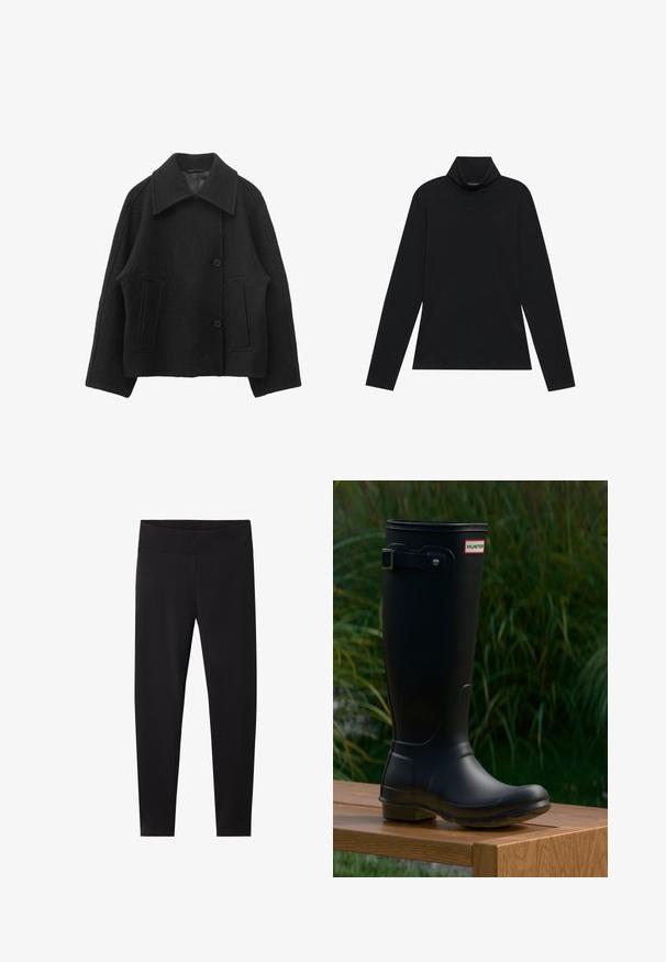 Chaqueta corta negra de mezcla de lana con cuello ancho, mangas largas, dos bolsillos frontales con ojal y cierre de botones.; Sudadera negra de manga larga con cuello alto. Tejido suave, diseño ajustado, cuello alto y costuras laterales. Estilo sencillo y versátil, adecuado para combinar en capas.; Leggings negros con una cinturilla elástica gruesa. Hechos de un material suave y elástico, ajustados para un silueta entallada y sin patrones visibles.; Botín de goma negro con punta redonda y suela texturizada. Presenta un detalle de hebilla y una etiqueta de marca en la parte superior. Superficie lisa y diseño alto.
