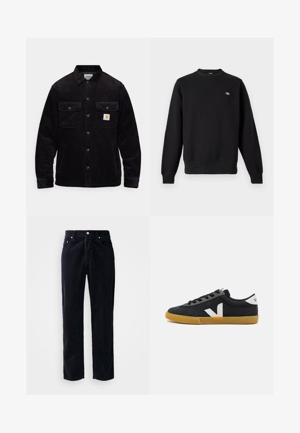 Μαύρο τζάκετ από χοντρό βαμβάκι με δύο τσέπες στο στήθος με καπάκια, κουμπί κλεισίματος και λογότυπο στην αριστερή τσέπη. Υφασμάτινη υφή.; Μαύρο φούτερ με στρογγυλή λαιμόκοψη, μακριά μανίκια, ριμπ μανσέτες και τελείωμα, με μικρό ορθογώνιο λογότυπο στο αριστερό στήθος.; Μπλε παντελόνι καμπάνα από κοτλέ με ίσια γραμμή, πέντε τσέπες και κλείσιμο με κουμπί. Διαθέτει κάθετη ριγέ υφή και μεταλλικές λεπτομέρειες.; Μαύρα καμβά παπούτσια με σουέτ μύτη, λευκή λογότυπη λεπτομέρεια, μαύρες κορδόνες και σόλα από καουτσούκ γάλακτος. Μινιμαλιστικός σχεδιασμός και χαμηλό προφίλ.