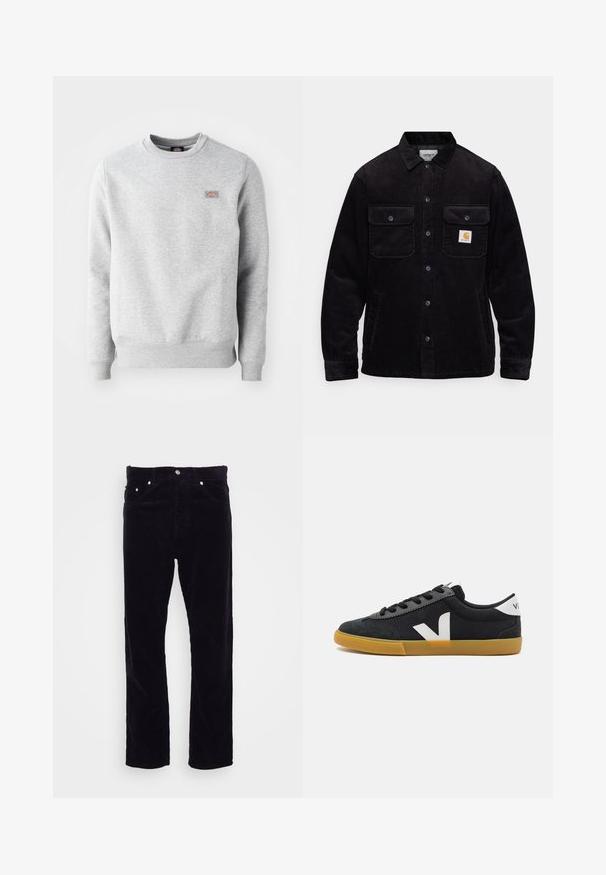 Zwarte corduroy jas met twee borstzakken met kleppen, een knoopsluiting en een opnamerichtlijn op de linkse zak. Gelaagde stof.; Grijze sweatshirt met een ronde hals, ribgebreide manchetten en onderrand, gemaakt van zacht katoen. Kenmerkt een klein logo op de linkerkant van de borst.; Carhartt WIP NEWEL PANT - Broek - dark navy; Zwarte canvas sneakers met een suède neuuskap, witte logo-accenten, zwarte veters en een gumrubberen zool. Minimalistisch ontwerp en een lage profiel.
