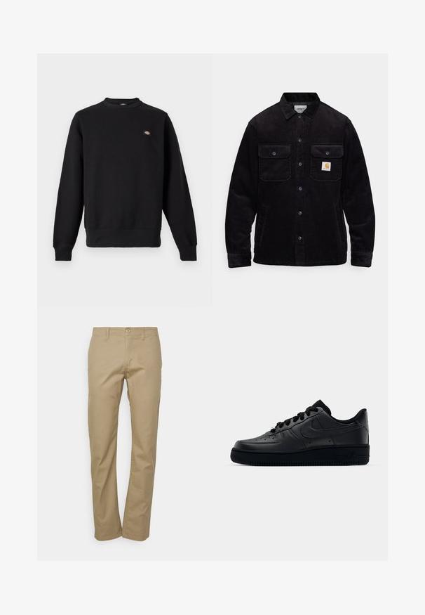 Schwarze Cordjacke mit zwei Brusttaschen mit Klappen, einem Knopfverschluss und einem Logopatch auf der linken Tasche. Strukturierter Stoff.; Schwarzer Sweatshirt mit Rundhalsausschnitt, langen Ärmeln, gerippten Bündchen und Saum sowie kleinem rechteckigem Logo-Patch auf der linken Brust.; Beige Chinos mit geradem Bein, ausgestattet mit einem Knopfverschluss, Gürtelschlaufen und einer glatten Baumwollstoffstruktur.; Schwarzer Nike Air Force 1 Schuh mit einem glatten Lederoberteil, perforierter Zehenpartie für Atmungsaktivität, schwarzen Schnürsenkeln und einer strukturierten Gummisohle.