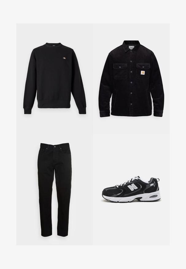 Schwarze Cordjacke mit zwei Brusttaschen mit Klappen, einem Knopfverschluss und einem Logopatch auf der linken Tasche. Strukturierter Stoff.; Schwarzer Sweatshirt mit Rundhalsausschnitt, langen Ärmeln, gerippten Bündchen und Saum sowie kleinem rechteckigem Logo-Patch auf der linken Brust.; Schwarze Slim-Fit-Jeans mit vorderem Knopfverschluss und fünf Taschen-Design, vor einem schlichten hellgrauen Hintergrund präsentiert.; Schwarze und graue Sportschuhe mit Obermaterial aus Mesh und Wildleder, ausgestattet mit einer weißen Zwischensohle, Schnürsenkeln und einem markanten "N"-Logo an der Seite.