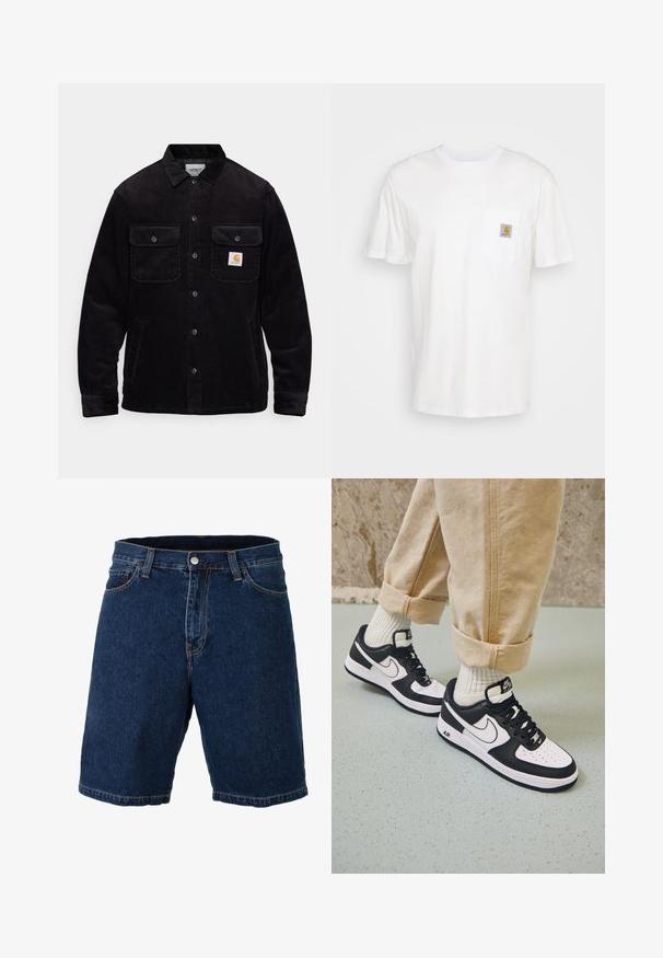 Schwarze Cordjacke mit zwei Brusttaschen mit Klappen, einem Knopfverschluss und einem Logopatch auf der linken Tasche. Strukturierter Stoff.; Weißes Baumwoll-T-Shirt mit kurzen Ärmeln, einer Brusttasche und einem kleinen quadratischen Logopatch in Orange und Weiß auf der Tasche.; Dunkelblaue Denim-Shorts mit geradem Schnitt, normalem Bund und Metallknopfverschluss; mit kontrastierendem gelbem Nähen und Saum.; Schwarz-weiße Nike Air Force 1 Sneaker mit einem Obermaterial aus Leder, perforierter Zehenpartie und strukturiertem Sohlendesign, getragen mit aufgerollten beigen Hosen und weißen Socken.