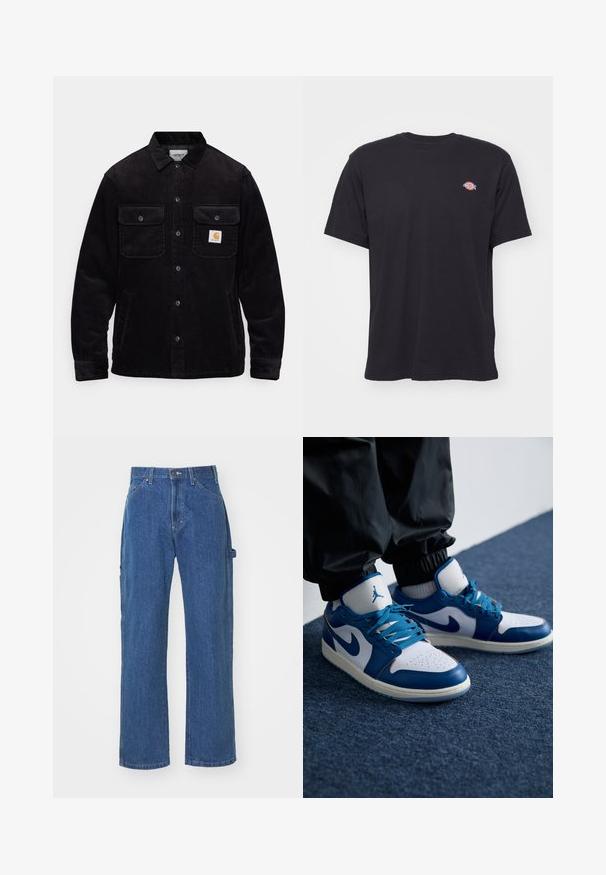 Schwarze Cordjacke mit zwei Brusttaschen mit Klappen, einem Knopfverschluss und einem Logopatch auf der linken Tasche. Strukturierter Stoff.; Schwarzes T-Shirt mit kurzen Ärmeln und Rundhalsausschnitt, mit kleinem buntem Dickies-Logo auf der linken Brust vor einfarbigem Hintergrund.; Blaue Denim-Jeans in einer lässigen Passform mit geradem Bein, ausgestattet mit Vorder- und Hintertaschen sowie einem Knopfverschluss an der Taille.; Die Nike Air Jordan Sneakers verfügen über eine weiße Lederbasis mit blauen synthetischen Akzenten, einer perforierten Zehenbox und blauen Schnürsenkeln.