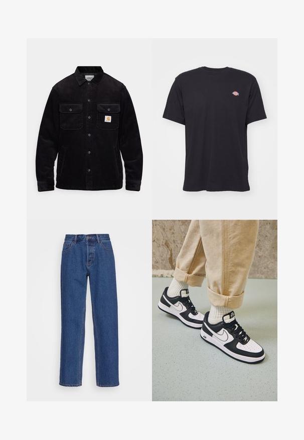 Čierna kordurová bunda s dvoma náprsníkmi so chlopňami, zapínaním na gombíky a logom na ľavom vrecku. Textúrovaná tkanina.; Čierne tričko s krátkym rukávom a okrúhlym výstrihom s malým farebným logom Dickies na ľavej strane hrude na jednofarebnom pozadí.; Modré denimové džínsy s klasickým rovnom strihom, s vysokým pásom, pútkami na opasok a subtílnymi detailmi stehovania.; Čierno-biele tenisky Nike Air Force 1 s koženým zvrškom, perforovanou špičkou a textúrovanou podrážkou, kombinované s ohrnutými béžovými nohavicami a bielymi ponožkami.