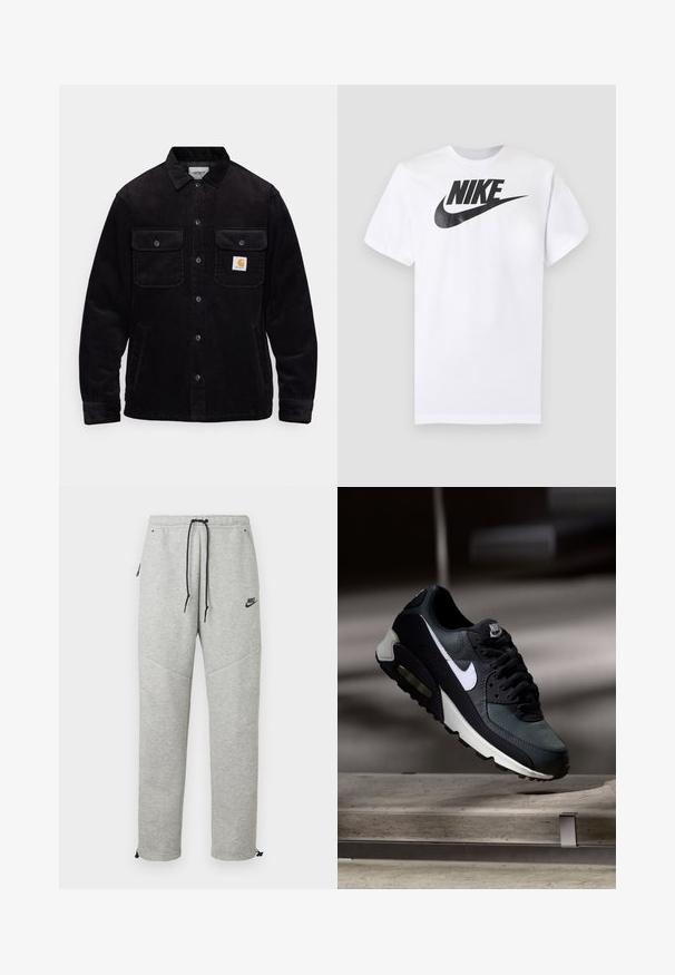 Must tumes koot, millel on kaks kinnitusklapiga rinna(taskut) ja nööbiga sulgemine, vasakul taskul on logo silt. Tekstureeritud kangas.; Valge lühikeste varrukatega T-särk, millel on must Nike'i logo ja keskel rinnal asuv swoosh, halli ühevärvilise tausta ees.; Hallid Nike spordipüksid, millel on nööriga vöökoht, küljetaskud ja elastsed mansetid. Omab siledat tekstuuri ja kontrastset musta logo detaili.; Must ja hall Nike Air Max toss valge triibuga, riputatud betoonpinna kohale, uduse tumeda tausta ees.