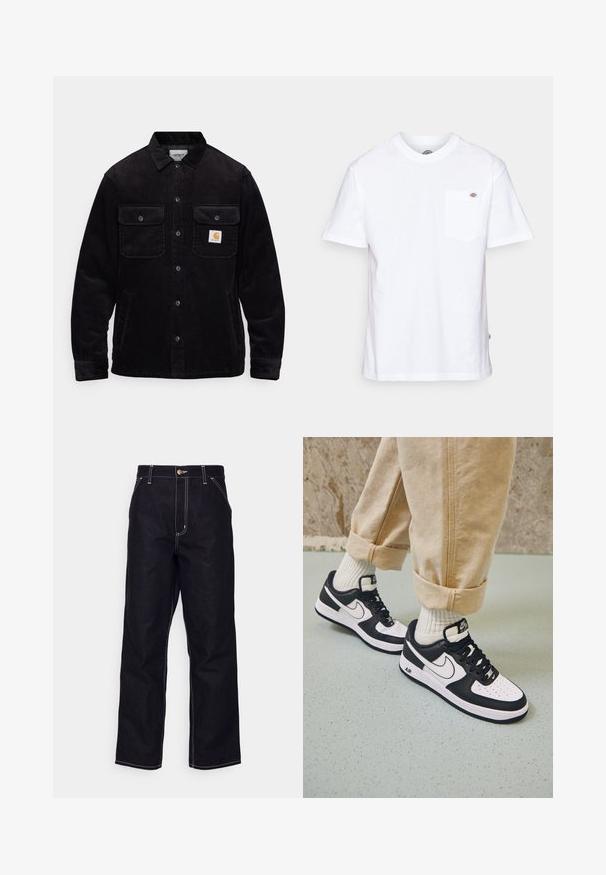 Veste en velours côtelé noir avec deux poches poitrine à rabat, un système de fermeture à boutons, et un patch logo sur la poche gauche. Tissu texturé.; T-shirt en coton blanc avec un col rond, des manches courtes et une poche poitrine arborant un petit logo de la marque sur le côté gauche.; Jean en denim noir avec une coupe droite, des coutures blanches contrastées, une fermeture à bouton et deux poches avant.; Baskets Nike Air Force 1 en noir et blanc avec un dessus en cuir, orteil perforé et détail de semelle texturée, portées avec un pantalon beige retroussé et des chaussettes blanches.