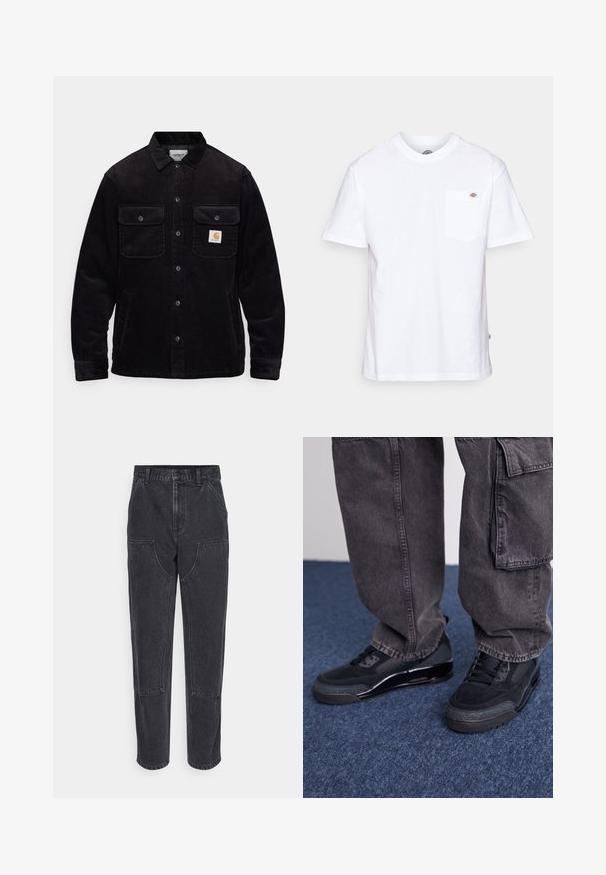 Schwarze Cordjacke mit zwei Brusttaschen mit Klappen, einem Knopfverschluss und einem Logopatch auf der linken Tasche. Strukturierter Stoff.; Weißes Baumwoll-T-Shirt mit Rundhalsausschnitt, kurzen Ärmeln und einer Brusttasche, die auf der linken Seite ein kleines Markenlogo aufweist.; Schwarze Denim-Jeans mit hoher Taille, geradem Bein und großen frontalen Taschen. Mit kontrastierenden Nähten und ohne sichtbare Logos.; Schwarze Sportschuhe mit einer strukturierten Oberfläche, glatten Akzenten und einer chunky Sohle, kombiniert mit dunklen, lässig sitzenden Cargo-Hosen.