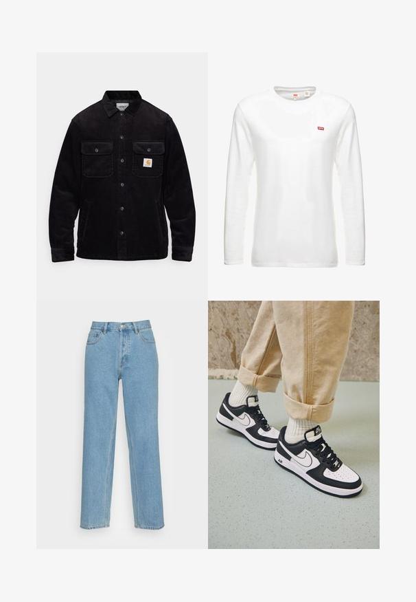 Schwarze Cordjacke mit zwei Brusttaschen mit Klappen, einem Knopfverschluss und einem Logopatch auf der linken Tasche. Strukturierter Stoff.; Weißes Langarm-T-Shirt aus Baumwolle mit Rundhalsausschnitt und kleinem roten Levi's-Logo auf der Brust. Schlichtes, klassisches Design.; Helle blaue gerade geschnittene Jeans aus Denim mit einem klassischen Fünf-Taschen-Design, einem vorderen Knopfverschluss und sichtbaren Nähdetails.; Schwarz-weiße Nike Air Force 1 Sneaker mit einem Obermaterial aus Leder, perforierter Zehenpartie und strukturiertem Sohlendesign, getragen mit aufgerollten beigen Hosen und weißen Socken.