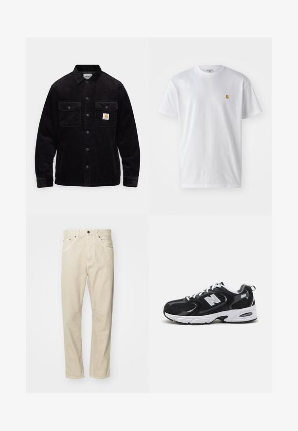 Schwarze Cordjacke mit zwei Brusttaschen mit Klappen, einem Knopfverschluss und einem Logopatch auf der linken Tasche. Strukturierter Stoff.; Weißes Baumwoll-T-Shirt mit kurzen Ärmeln, Rundhalsausschnitt, mit einem kleinen goldenen Logo im linken Brustbereich. Weicher Stoff und normale Passform.; Beige Baumwollhose mit geradem Bein, fünf Taschen und Metallakzenten. Glatte Textur mit minimalen Nähdetails.; Schwarze und graue Sportschuhe mit Obermaterial aus Mesh und Wildleder, ausgestattet mit einer weißen Zwischensohle, Schnürsenkeln und einem markanten "N"-Logo an der Seite.