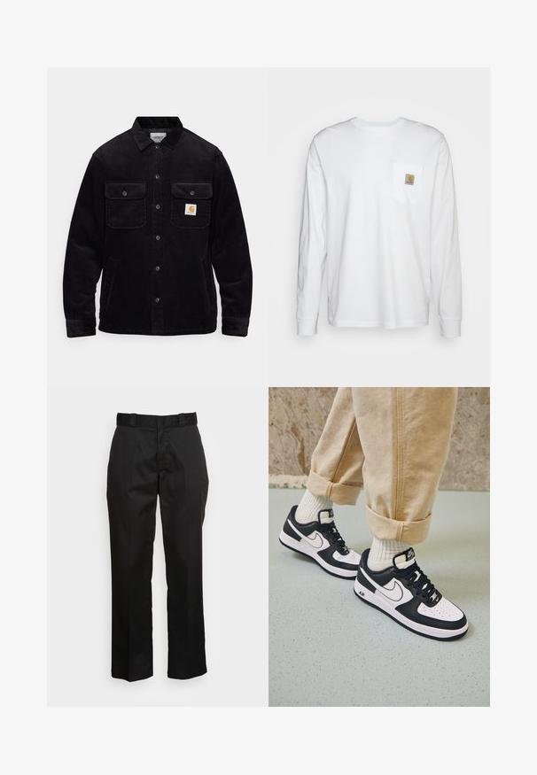 Veste en velours côtelé noir avec deux poches poitrine à rabat, un système de fermeture à boutons, et un patch logo sur la poche gauche. Tissu texturé.; Chemise blanche à manches longues en coton, dotée d'une poche poitrine avec un patch logo carré. Design simple avec un col arrondi et des manches à poignets.; Pantalons noirs en tissu lisse, avec une coupe droite, des passants de ceinture et deux poches latérales. Look classique sans embellissements.; Baskets Nike Air Force 1 en noir et blanc avec un dessus en cuir, orteil perforé et détail de semelle texturée, portées avec un pantalon beige retroussé et des chaussettes blanches.