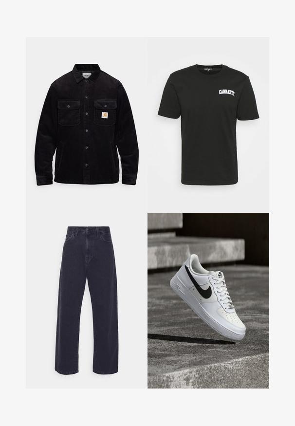 Schwarze Cordjacke mit zwei Brusttaschen mit Klappen, einem Knopfverschluss und einem Logopatch auf der linken Tasche. Strukturierter Stoff.; Schwarzes Baumwoll-T-Shirt mit kurzen Ärmeln, mit einem weißen "Carhartt"-Logo auf der linken Brustseite. Reguläre Passform, glatte Textur.; Dunkelblaue Jeans mit weitem Bein, hoher Taille und Fünf-Taschen-Design. Mit einer klassischen Knopf- und Reißverschlussöffnung ausgestattet.; Weißer Nike Air Force 1 Sneaker mit schwarzem Swoosh, geschnürten Schnürsenkeln, schwebend in der Luft über einer strukturierten Betonoberfläche im Freien.