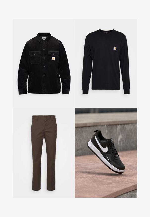 Veste en velours côtelé noir avec deux poches poitrine à rabat, un système de fermeture à boutons, et un patch logo sur la poche gauche. Tissu texturé.; Chemise noire à manches longues en coton. Présente une poche poitrine avec une étiquette grise carrée et un logo orange. Design simple et uni.; Pantalons marron en tissu résistant, avec une coupe droite, une taille standard et des poches latérales pour plus de fonctionnalité.; Baskets Nike Air Force 1 noir et blanc suspendues au-dessus d'une surface en béton rose avec un fond en pierre grise.